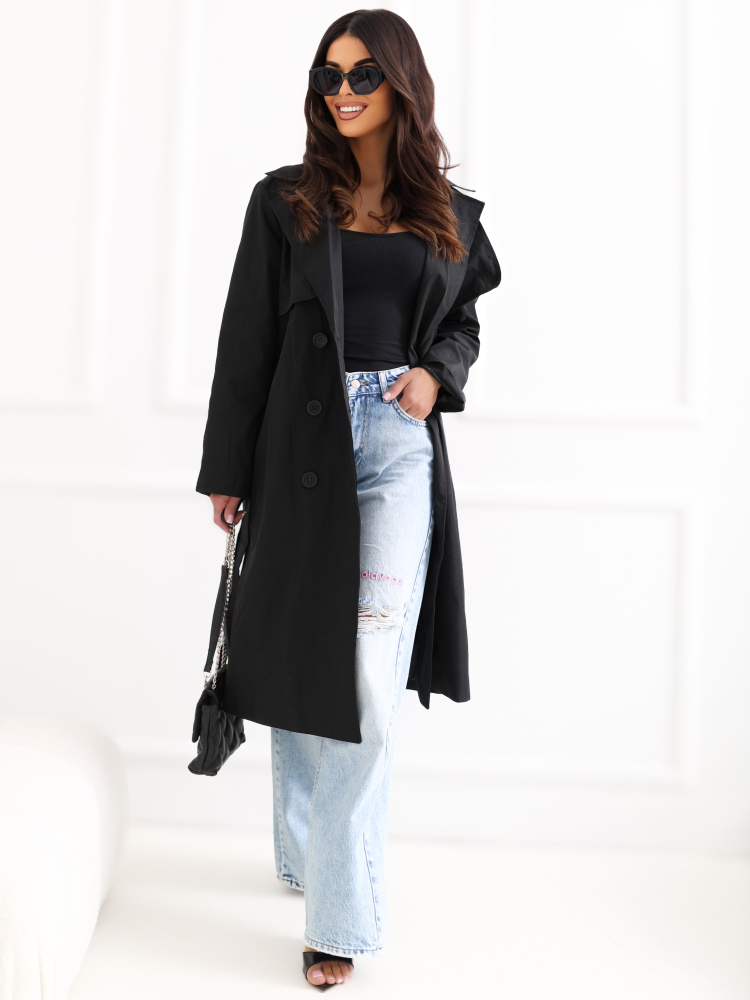 Czarny przejściowy trencz z kieszeniami RUE PARIS