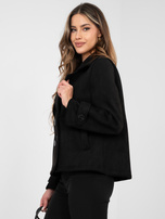 Czarny dwurzędowy płaszcz z paskami na rękawach