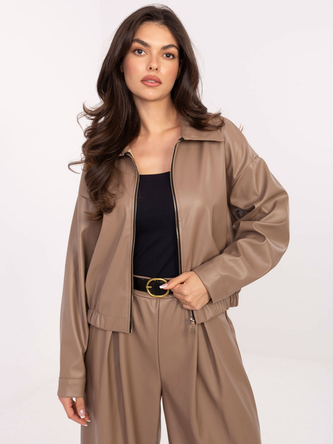 Ciemnobeżowa skórzana kurtka z kołnierzykiem RUE PARIS