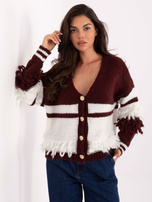 Bordeaux-ecru offen geschnittener Pullover mit Wolle.