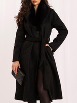 Black double-breasted coat with a wool blend.