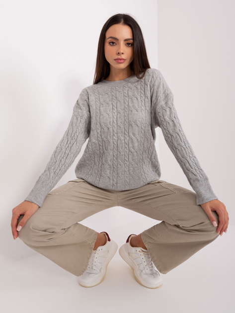 Hurt Szary sweter z warkoczami i okrągłym dekoltem