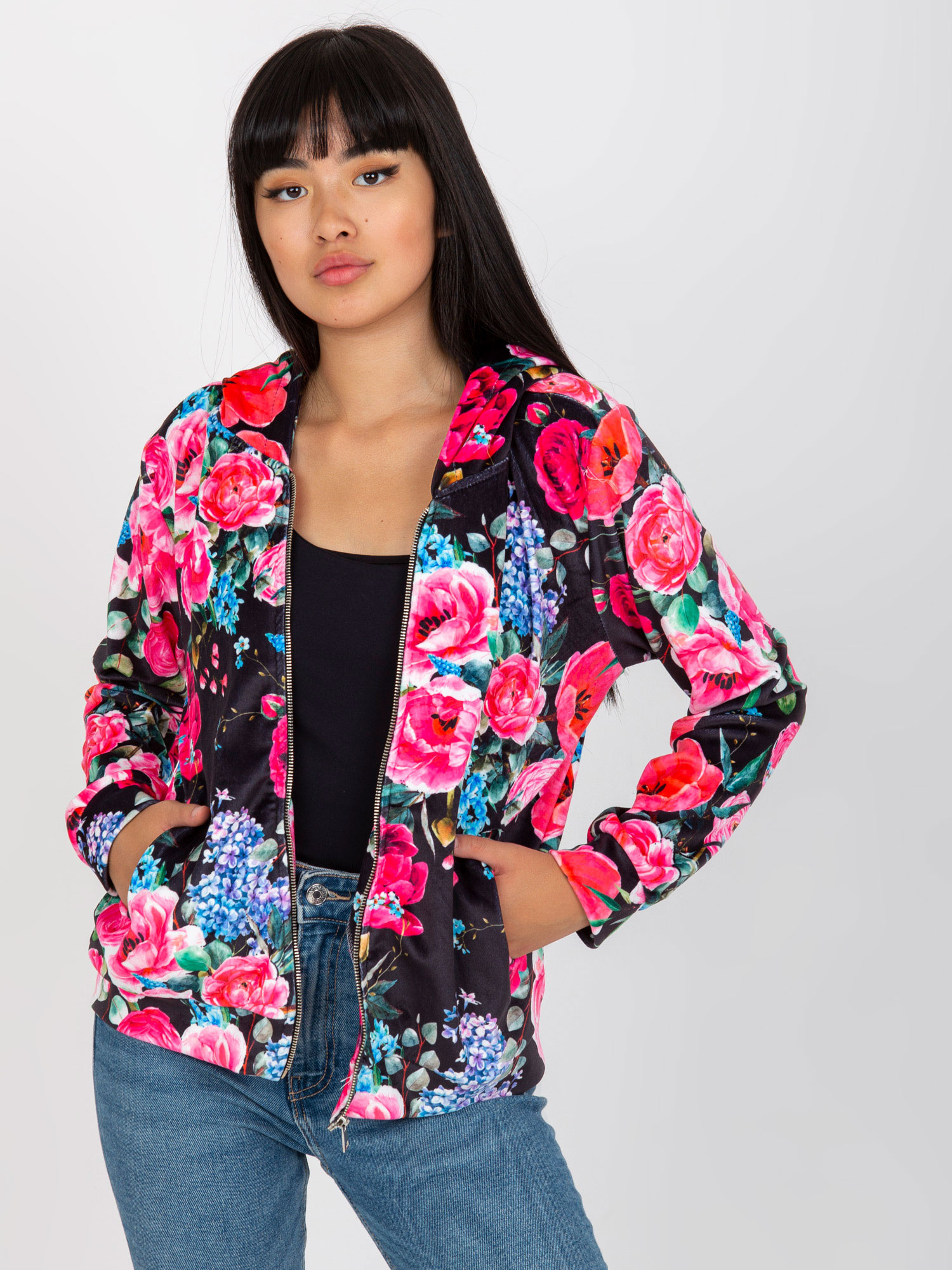 Czarno-różowa rozpinana bluza w kwiaty RUE PARIS