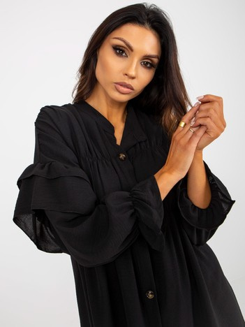 Schwarz Boho-Bluse mit Rüschendetails und Raffung OCH BELLA.