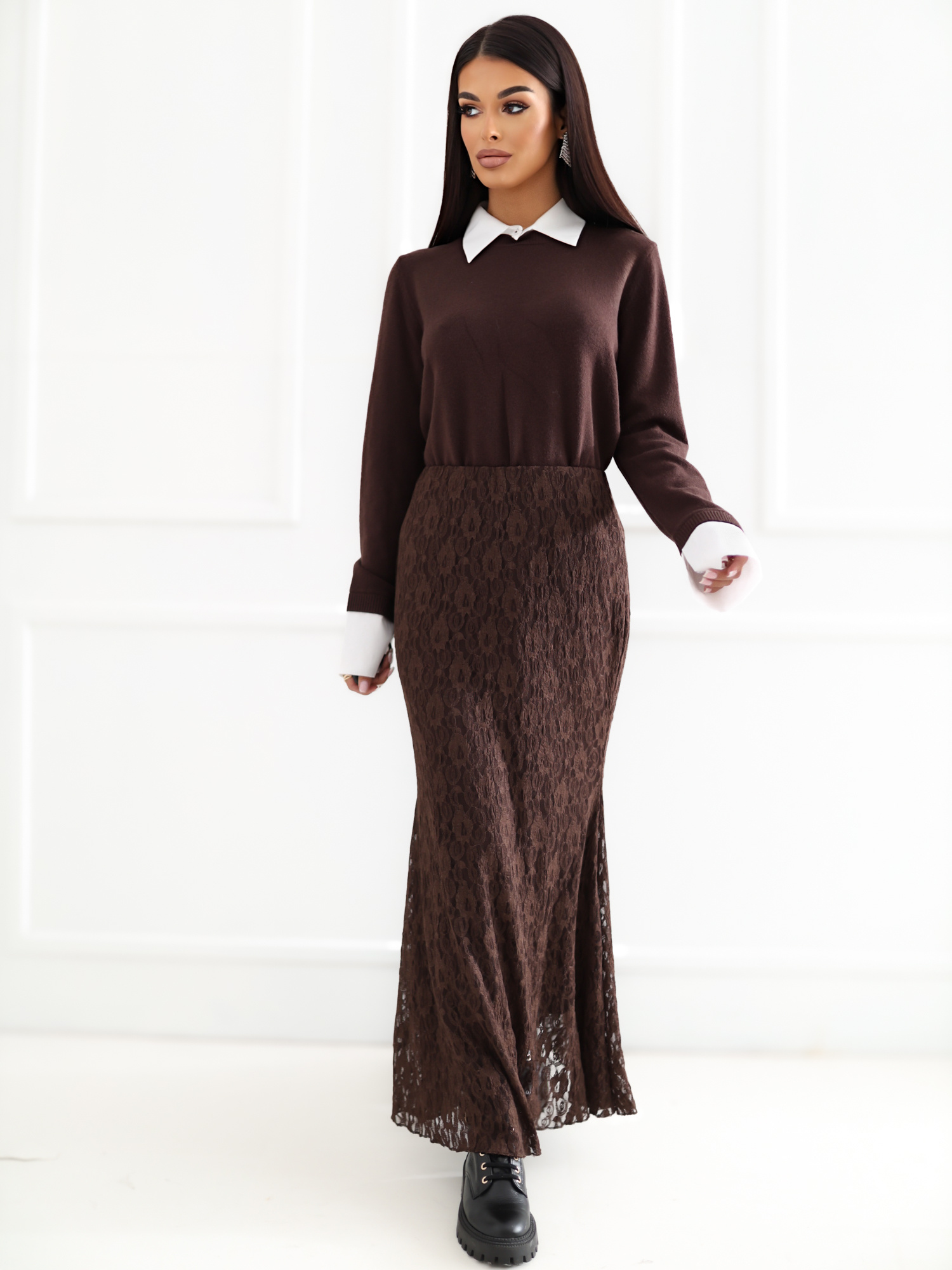 Brown 2-in-1 sweater with a polo collar.