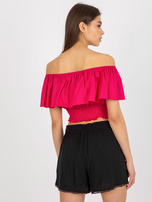 Großhandel Fuchsja kurze Bluse im spanischen Stil mit Rüsche.