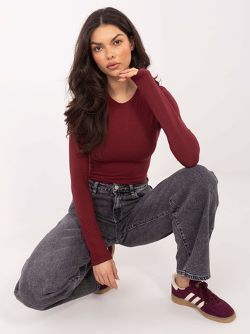 Bordowy dopasowany longsleeve basic z bawełny