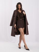 Chocolate short lace top with ties.