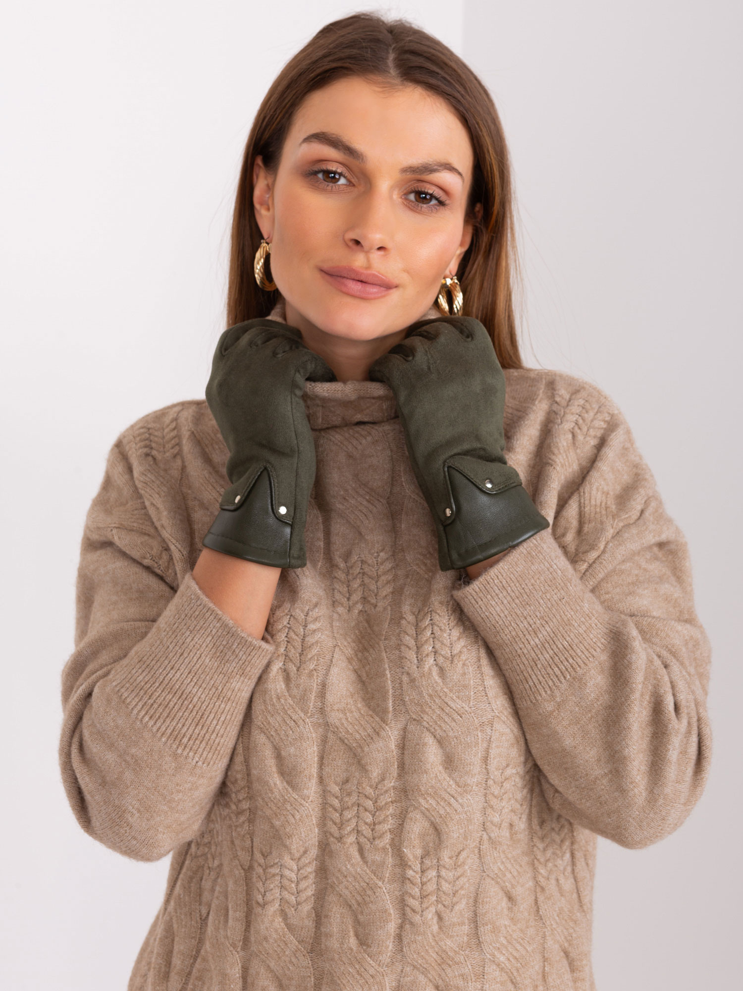 Khaki eleganckie rękawiczki damskie