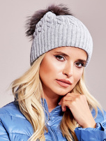 Grey hat with ribbing and fur pompom 