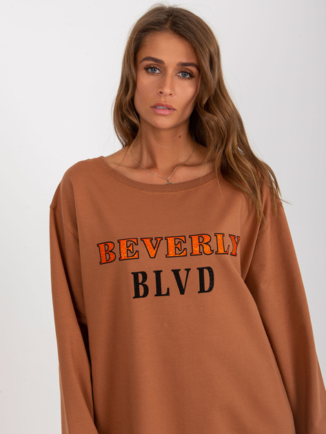 Hurt Jasnobrązowa długa bluza z nadrukiem i aplikacją