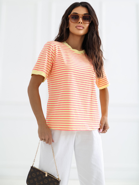 Fluo różowo-żółty t-shirt oversize w paski RUE PARIS