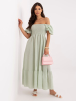 Pistachio summer off-shoulder checkered dress.
