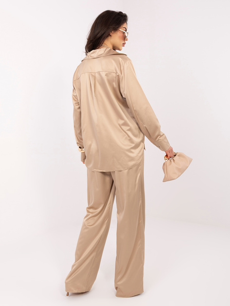 Beżowy satynowy komplet z koszulą i spodniami