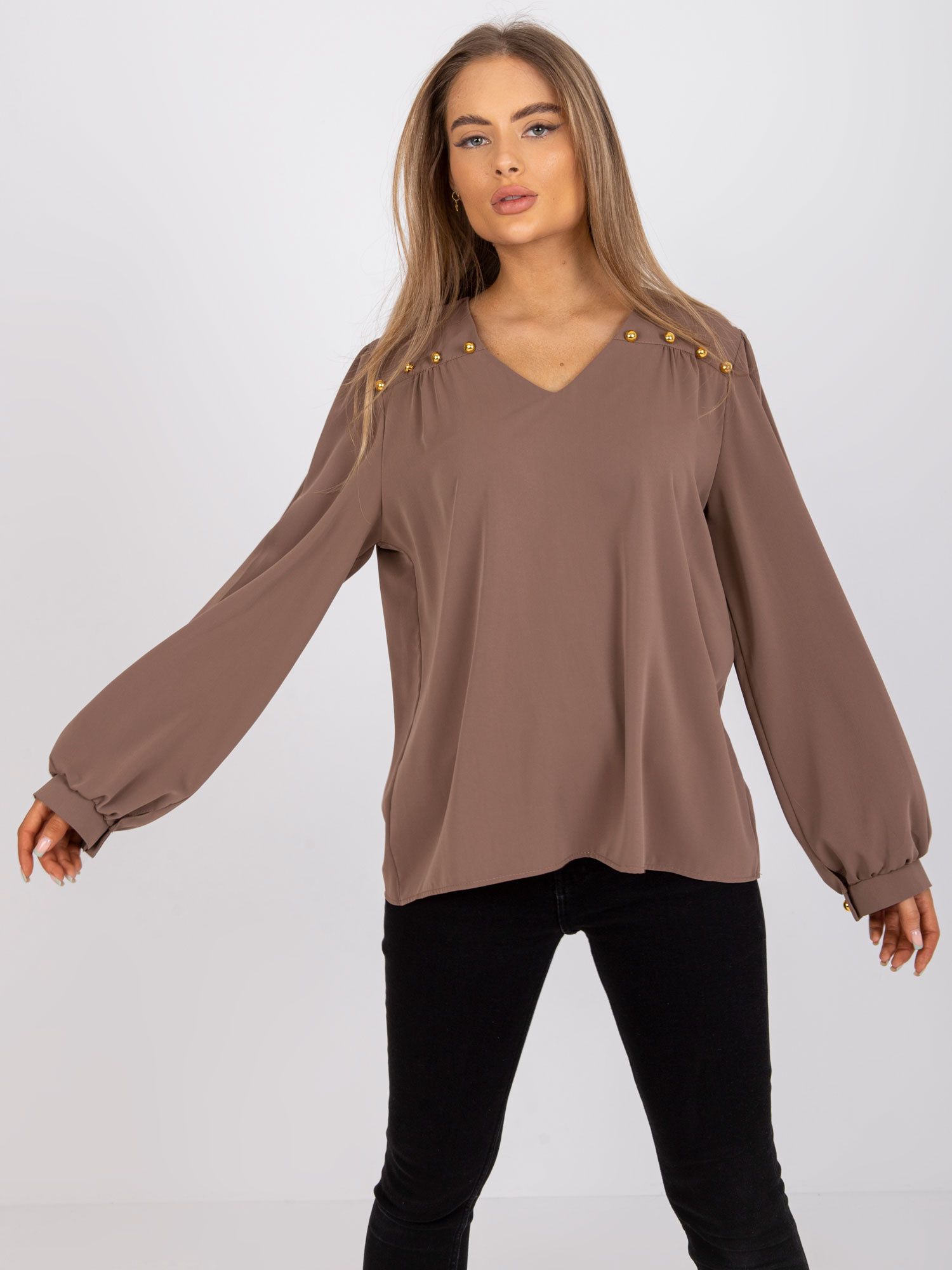 Dark beige formal blouse with loose sleeves