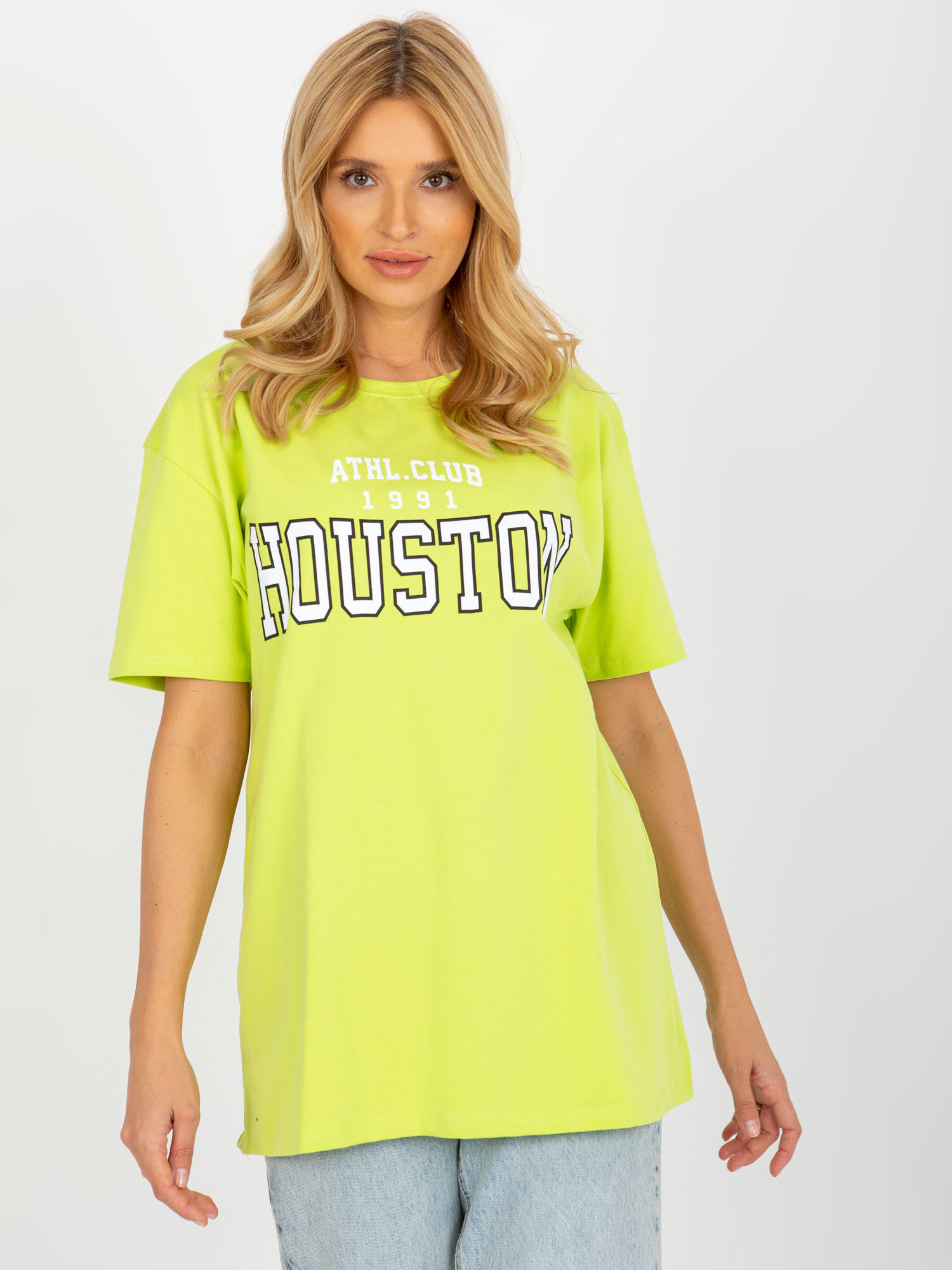 Limonkowy damski luźny t-shirt z napisem