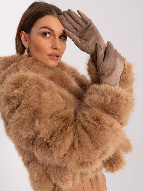 Hurt Ciemnobeżowe rękawiczki ze wstawkami z ekoskóry