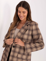 Beżowo-camelowa długa marynarka w kratę 