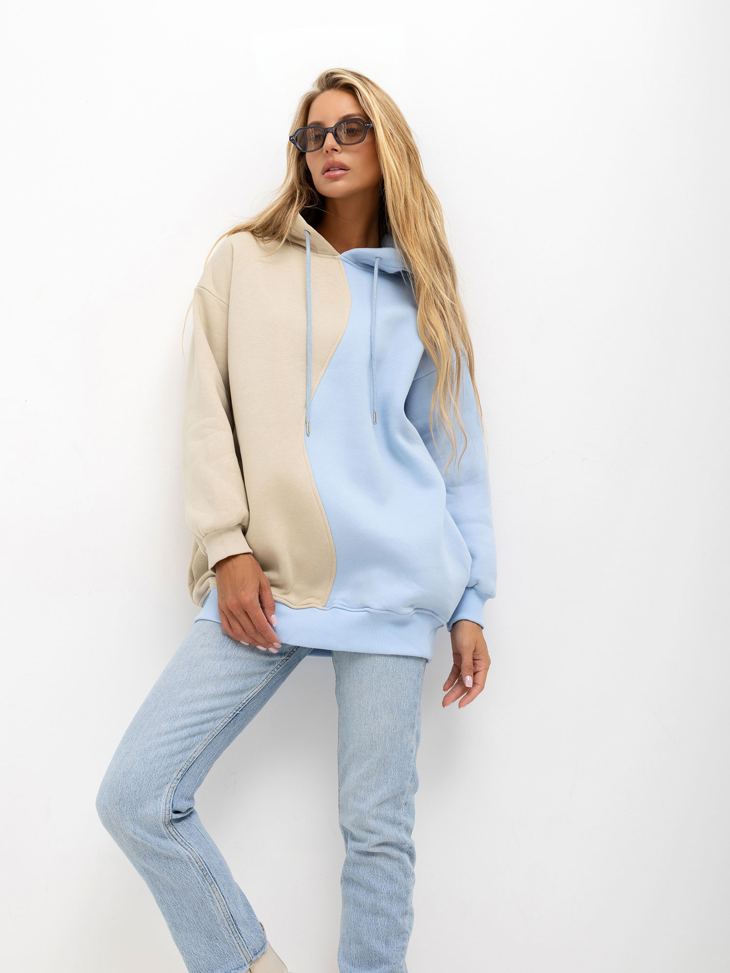 Hurt beige-blau Damen Basic Hoodie mit Kapuze RUE PARIS.