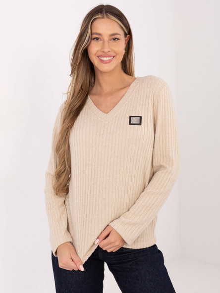 Beżowy damski sweter z dekoltem V