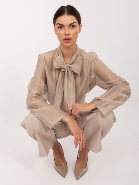 Beżowa przezroczysta koszula z kokardą 