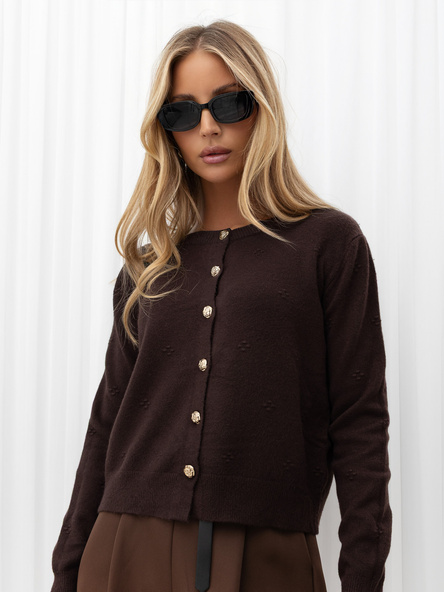 Brown cardigan with a delicate patterned texture.