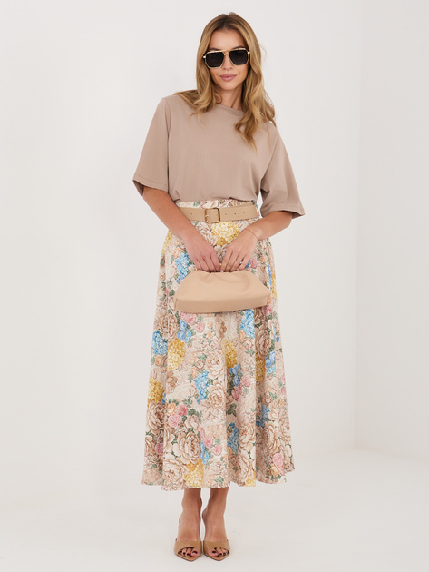 Beżowa rozkloszowana spódnica w kwiaty