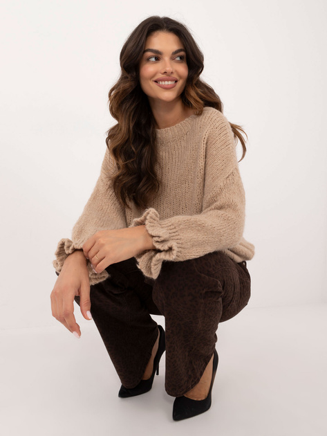 Hurt Ciemnobeżowy sweter oversize z okrągłym dekoltem