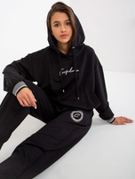 HurtCzarny luźny komplet dresowy z bluzą z aplikacją 