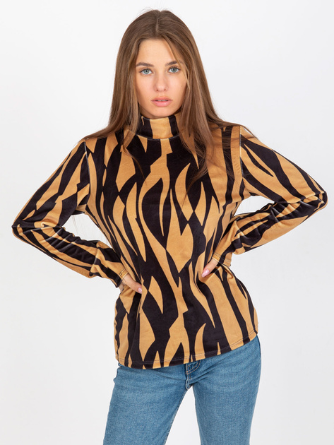 Hurt Camelowo-czarna welurowa bluzka z nadrukiem RUE PARIS