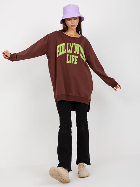 Hurt Ciemnobrązowo-zielona długa bluza oversize z napisem