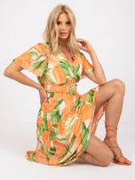 Orange-Green Pleated One Size Floral Dress