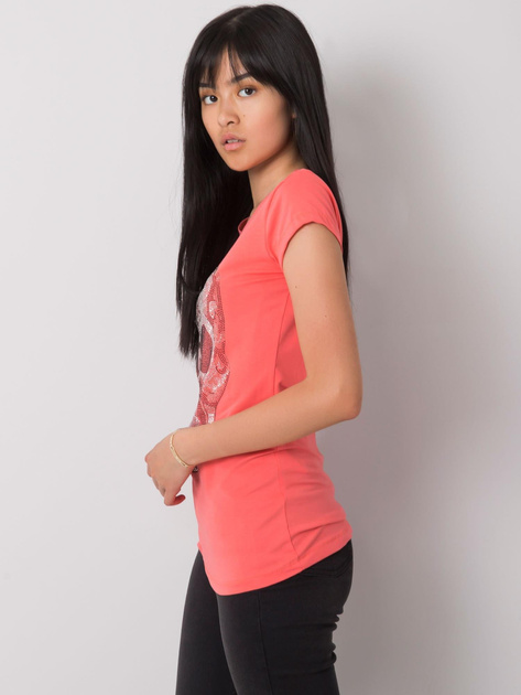 Koralowy t-shirt z aplikacją Skull