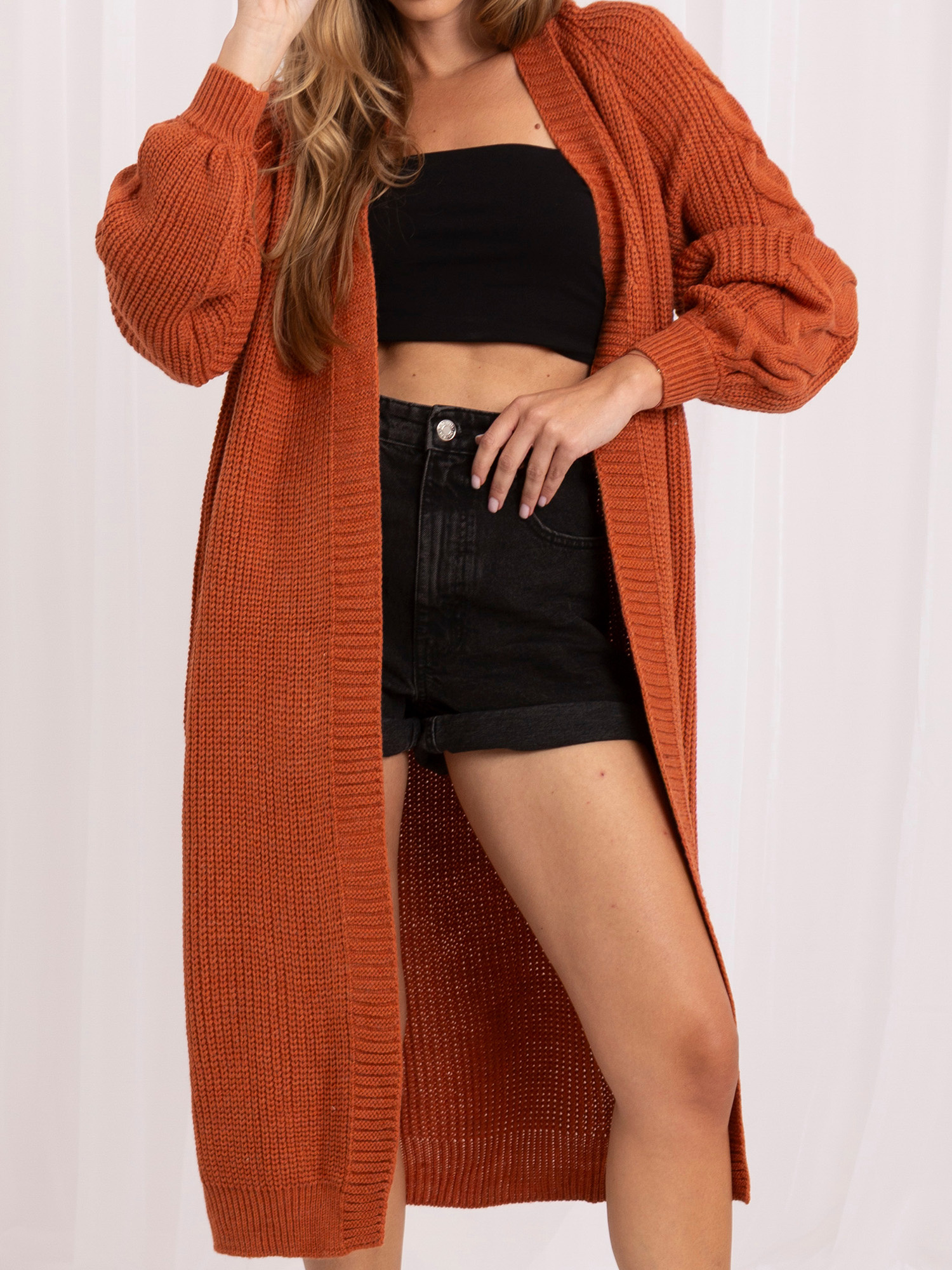 Dunkelorange langer Cardigan ohne Verschluss RUE PARIS.