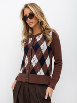 Brown zip-up sweater with diamonds.