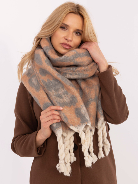 Hurt Pomarańczowo-szary ciepły szal damski w cętki