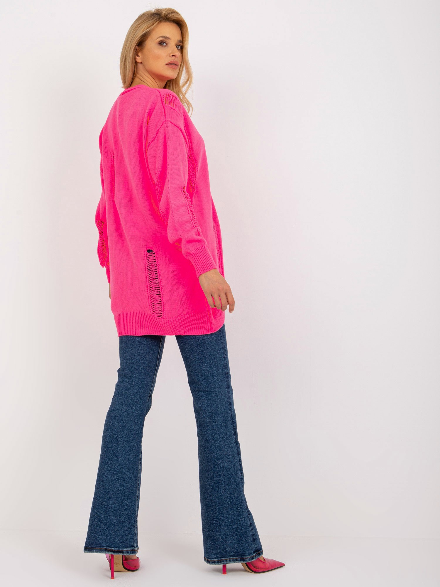 Fluo różowy luźny sweter rozpinany z dziurami RUE PARIS