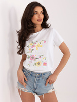 Ecru damski t-shirt z haftem w kwiaty