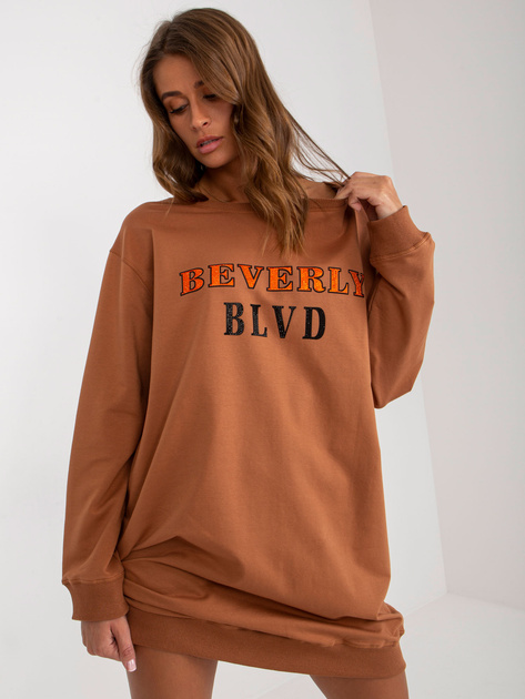 Hurt Jasnobrązowa długa bluza z nadrukiem i aplikacją