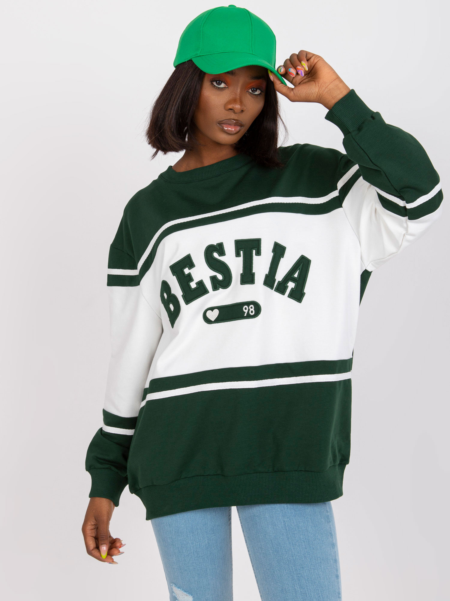 Dark Green and White Loose Sweatshirt Without Hoodie 