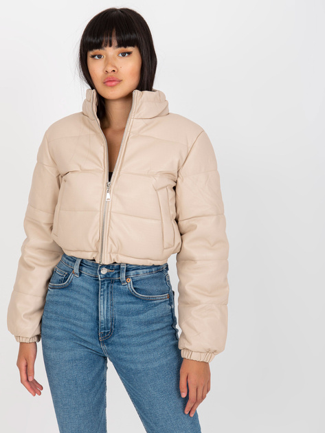 Hurt Jasnobeżowa krótka kurtka zimowa ze skóry ekologicznej