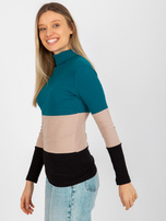 Hurt Morsko-czarna prążkowana bluzka basic z golfem  