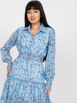 Niebieska mini sukienka z printami w kwiaty i kołnierzykiem