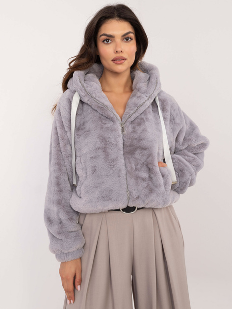Hurt Szara futrzana kurtka damska z zapięciem na suwak