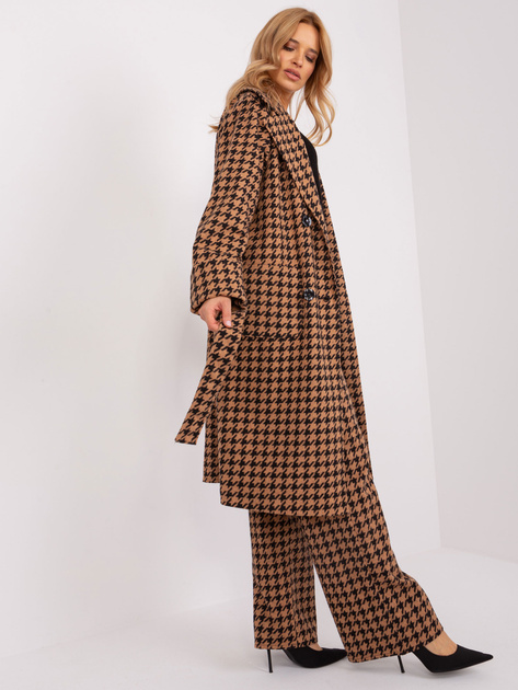 Hurt Camelowo-czarny długi płaszcz z paskiem