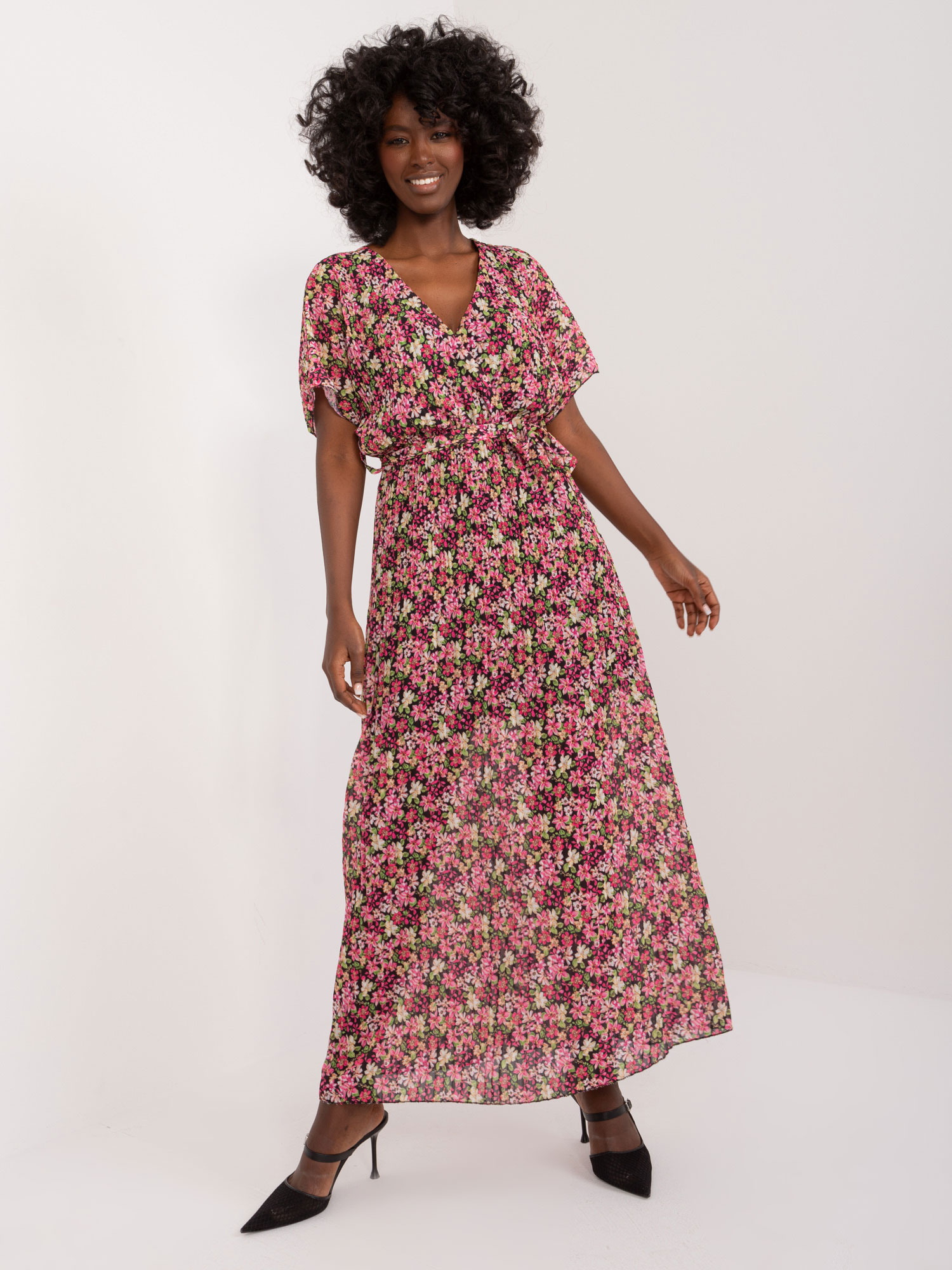 Wholesale Black-Pink Long Women's Dress with Floral Patterns.