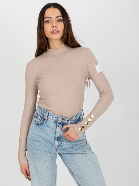 Hurt Beżowa damska bluzka z półgolfem w prążek OCH BELLA