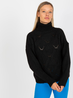 Schwarzer, durchbrochener Oversize-Pullover mit Rollkragen RUE PARIS.