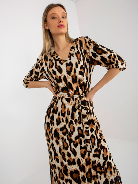 Hurt Beżowo-czarna midi sukienka w panterkę z wiązaniem