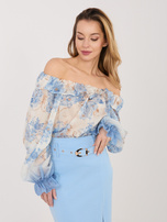 Niebieska zwiewna bluzka hiszpanka w kwiaty 